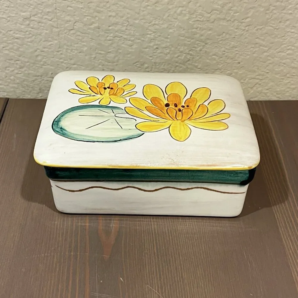 Stangl Terra Rose Pottery Box w/Lid 3762 Water Lilly Flowers USA Folk Art MCM